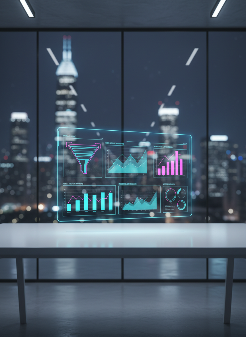 A sleek, ultramodern marketing command dashboard floating above a spotless white desk, showing brightly colored performance graphs, funnel visualizations, and AI-generated campaign suggestions arranged in a clean grid. The environment is a minimalist glass-walled office overlooking a softly blurred nighttime city skyline with glowing skyscraper lights. Cool, diffused studio lighting from above creates gentle reflections on the desk’s matte surface and the holographic-style interface, emphasizing blues, teals, and subtle neon accents. Shot at eye level with a shallow depth of field so the dashboard is in razor-sharp focus while the cityscape melts into smooth bokeh. The mood is efficient, futuristic, and data-driven, with photographic realism and a polished, high-tech aesthetic that communicates fast, intelligent AI marketing decisions.