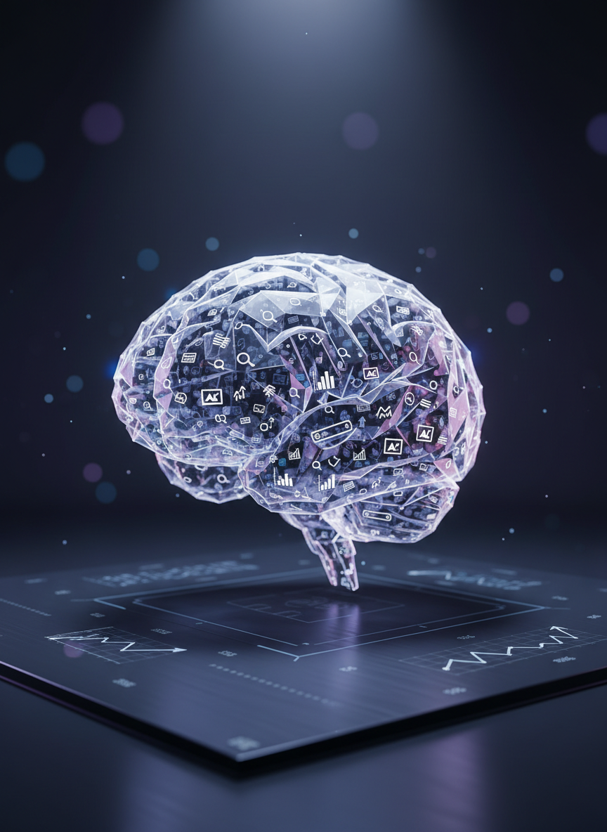 A close-up of a luminous AI brain made of interlocking translucent polygons, each polygon filled with tiny, crisp marketing icons like charts, ad creatives, search bars, and conversion arrows. The brain hovers above a dark brushed-metal surface etched with faint gridlines and performance metrics. Soft, focused spotlighting from above highlights edges of the polygons, casting subtle reflections and creating a cool blue and violet glow that diffuses into the background. The composition is centered with a slight three-quarter angle, emphasizing depth and structure. The background fades into a smooth, dark gradient with gentle bokeh light particles. The mood is analytical yet creative, conveying powerful, precise AI thinking for performance marketing, rendered in highly realistic, cinematic photographic style.