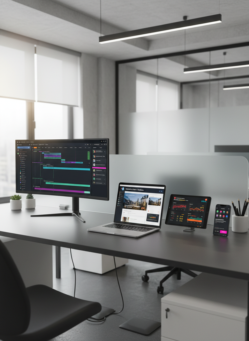 A streamlined row of multiple digital devices on a matte charcoal tabletop: an ultra-wide monitor, a thin laptop, a tablet, and a smartphone, each displaying different stages of an AI-optimized marketing campaign—media planning timelines, multichannel ad previews, and live performance dashboards. The setting is a bright, contemporary workspace with frosted glass partitions and minimal clutter. Natural daylight pours in from an unseen window on the left, mixing with soft overhead LED lighting to create balanced, shadow-free illumination. Captured from a slightly elevated angle with leading lines guiding the eye across the devices, all in sharp focus. The color palette emphasizes cool neutrals with vivid accent colors in the UI. The atmosphere feels organized, efficient, and collaborative, with a clean, realistic photographic style ideal for showcasing cross-channel AI marketing workflows.