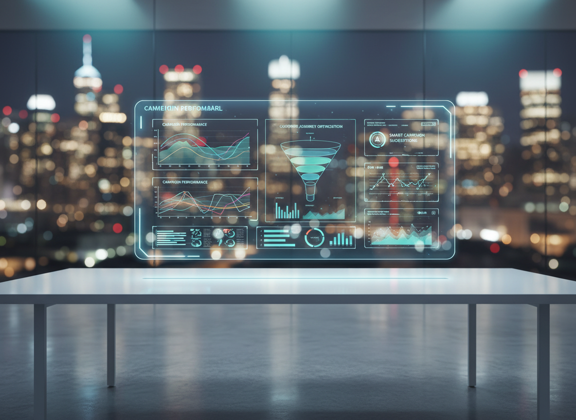 A sleek, ultramodern marketing command dashboard floating above a spotless white desk, showing brightly colored performance graphs, funnel visualizations, and AI-generated campaign suggestions arranged in a clean grid. The environment is a minimalist glass-walled office overlooking a softly blurred nighttime city skyline with glowing skyscraper lights. Cool, diffused studio lighting from above creates gentle reflections on the desk’s matte surface and the holographic-style interface, emphasizing blues, teals, and subtle neon accents. Shot at eye level with a shallow depth of field so the dashboard is in razor-sharp focus while the cityscape melts into smooth bokeh. The mood is efficient, futuristic, and data-driven, with photographic realism and a polished, high-tech aesthetic that communicates fast, intelligent AI marketing decisions.