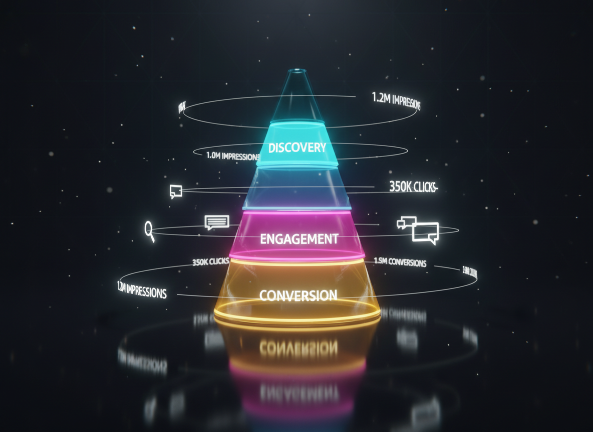 A stylized visualization of a marketing funnel as a translucent glass structure standing on a reflective black surface, each funnel layer glowing with different neon hues—top-of-funnel discovery in cyan, mid-funnel engagement in magenta, and bottom-funnel conversion in golden yellow. Around it, crisp, floating numeric metrics and icons for channels like search, display, and social orbit in precise circular paths. Dramatic side lighting from the right creates bright highlights on the glass edges and long, soft shadows across the surface, enhancing depth and dimension. Shot from a low-angle perspective to make the funnel appear monumental and strategic. The background is a dark, subtly textured gradient with light particle bokeh. The mood is bold, dynamic, and performance focused, rendered in high-end photographic realism suitable for AI-driven campaign optimization themes.