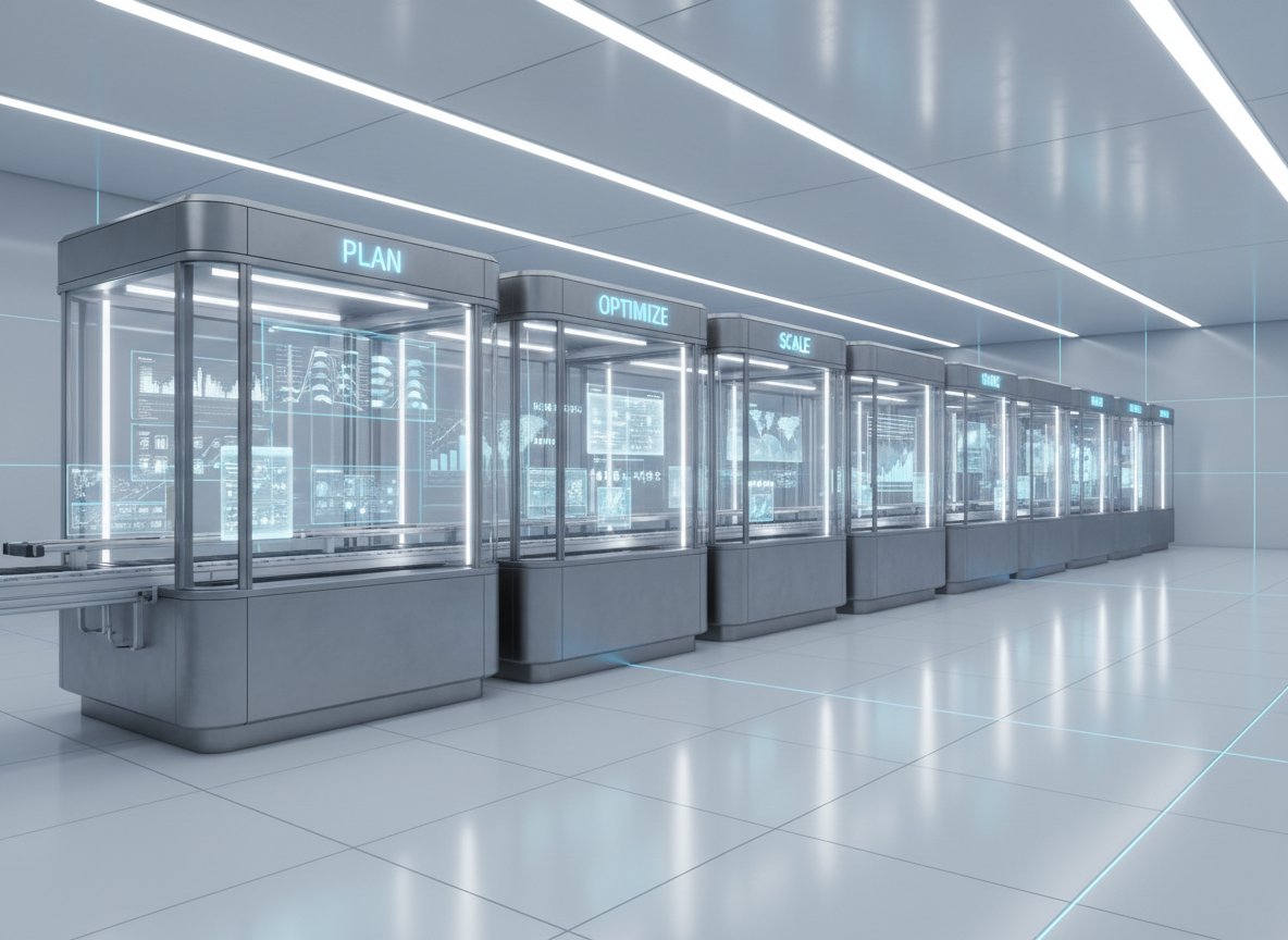 An AI-powered “campaign factory” represented as a clean, automated production line made of brushed aluminum and glass modules, each labeled with glowing text like “Plan,” “Launch,” “Optimize,” and “Scale.” Inside the transparent sections, detailed holographic ad creatives, timelines, and charts move along conveyor tracks in perfect order. The setting is a spacious, spotless, futuristic lab with softly illuminated floor panels and faint grid patterns on the walls. Cool white overhead strip lighting casts even illumination with gentle reflections on the metallic surfaces. The scene is captured from a wide, slightly elevated angle to show the entire workflow, with strong linear perspective drawing the viewer’s eye down the line. The mood is highly efficient, precise, and automated, with a crisp photographic style that emphasizes speed and reliability in AI performance marketing.